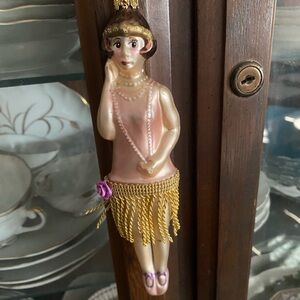 Large Flapper Christmas Ornament, EUC, pink with gold fringe skirt, 8.5” long